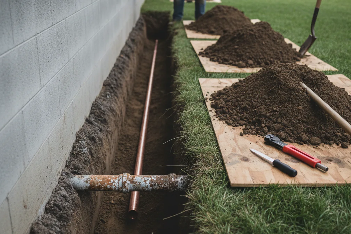 Excavated water line trench during Water Softener Installation in Wanaque